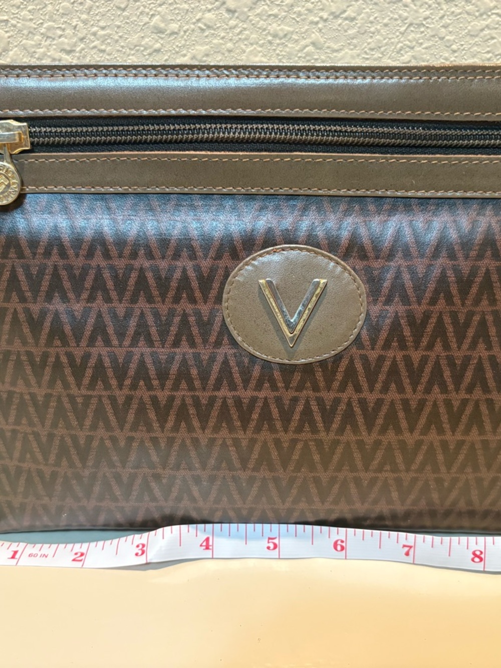 Valentino Garavani Brown V-Pattern Toiletry Bag with Gold V Emblem
